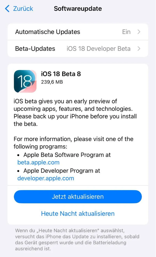 铁山苹果手机维修分享苹果 iOS / iPadOS 18 开发者预览版 Beta 8 发布 